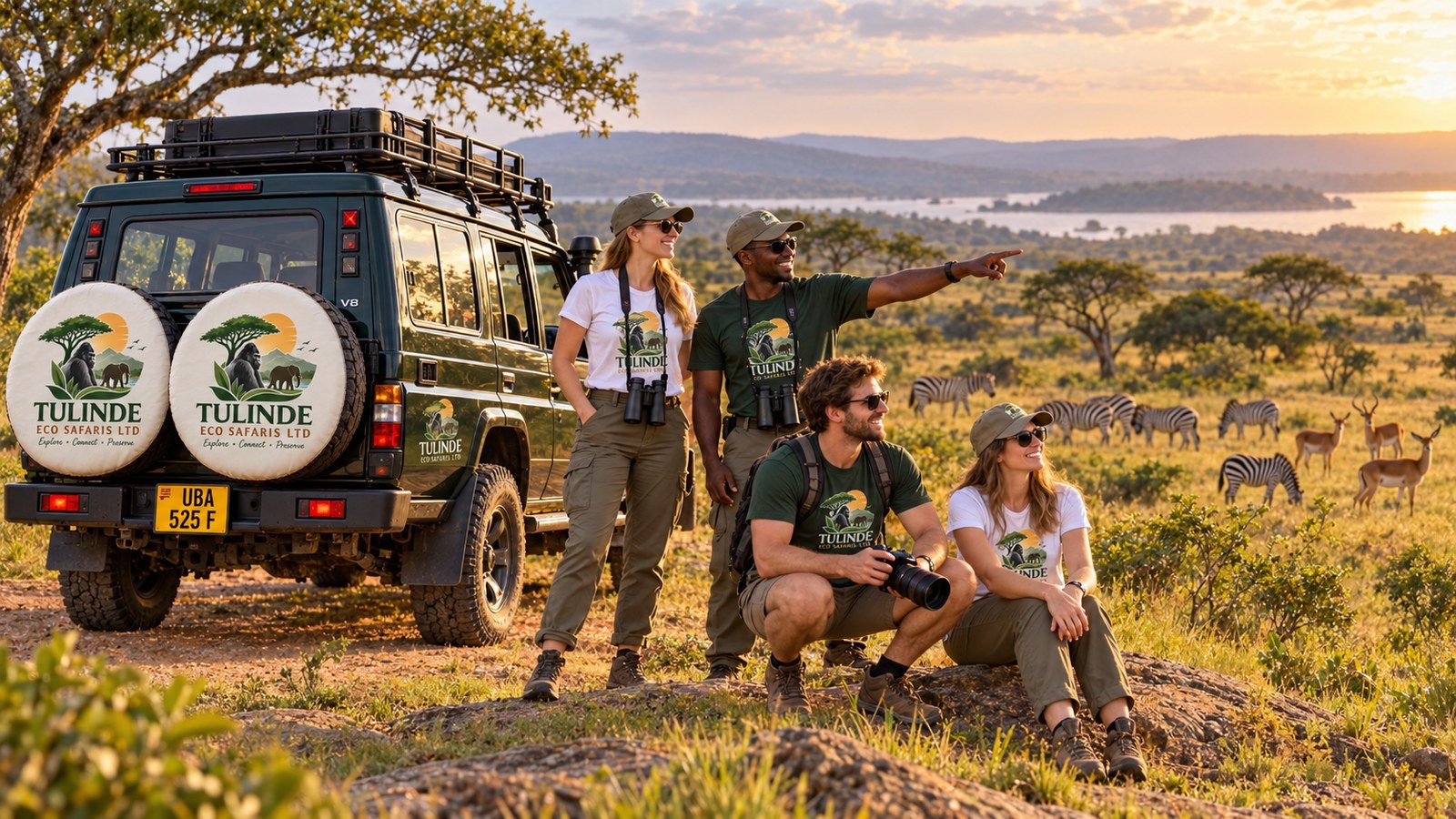 Tulinde guests beside a branded safari vehicle overlooking zebra on the savannah