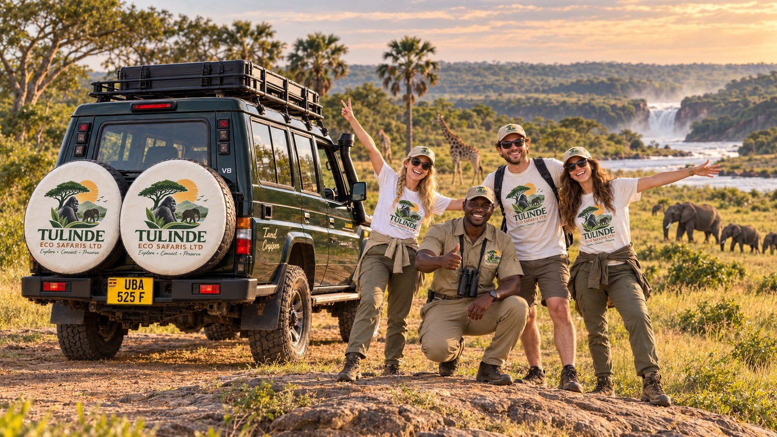 Tulinde travelers smiling beside a safari vehicle with waterfalls, giraffes and elephants in the background