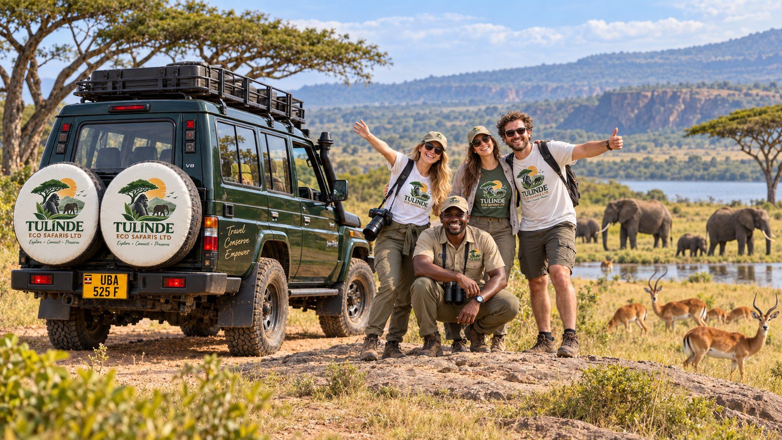 Tulinde travelers and guide beside a safari vehicle with elephants and antelope nearby