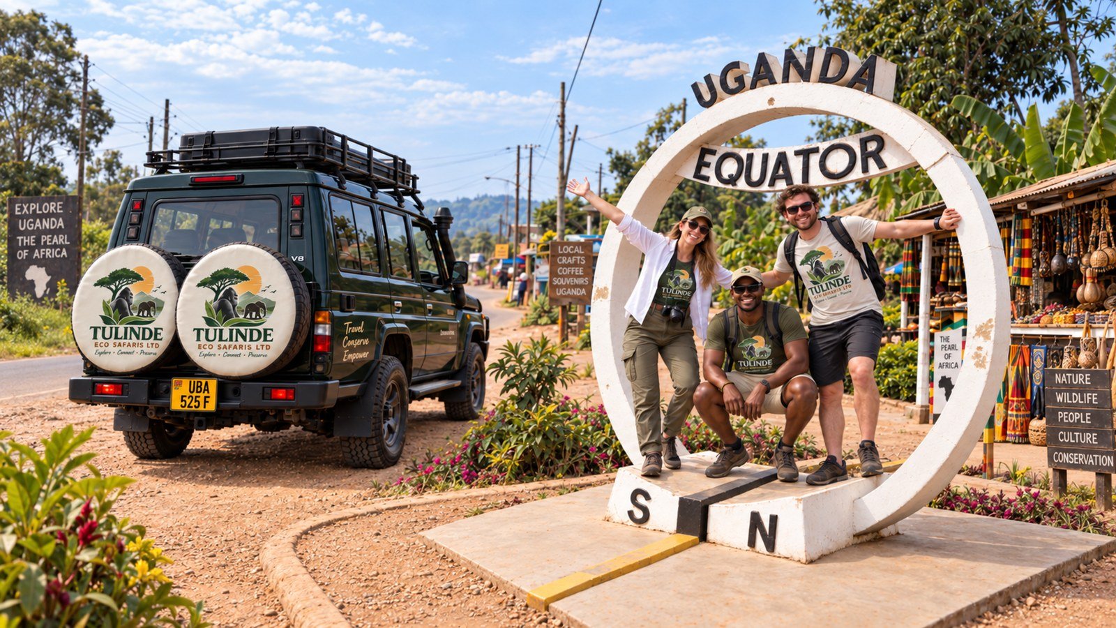 Tulinde travelers posing at the Uganda Equator monument beside a branded safari vehicle
